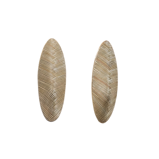 A pair of elongated oval earrings with a woven golden pattern.